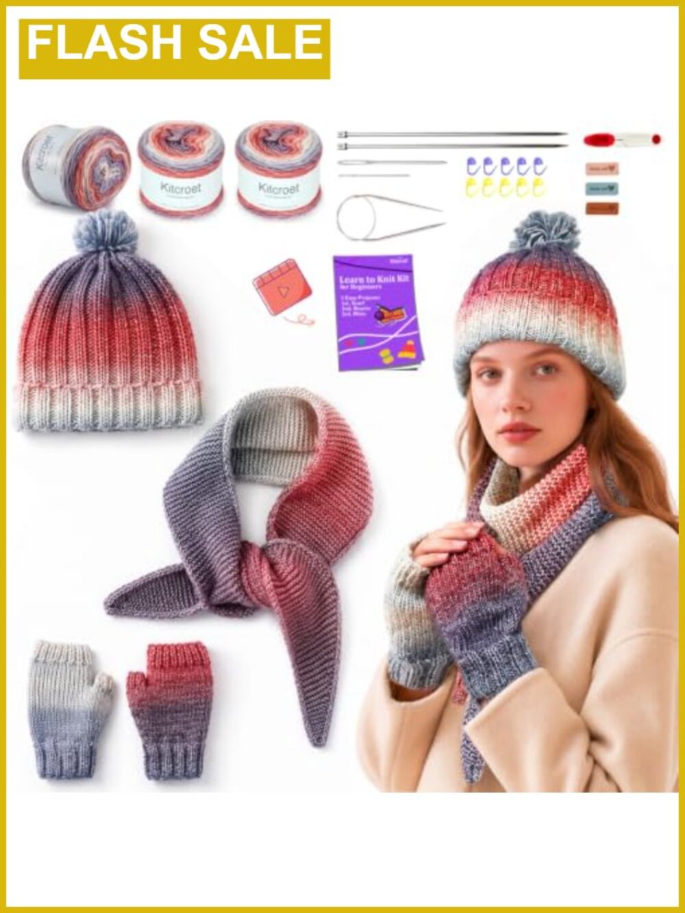 Beginner Knitting Starter Kit Scarf Hat Gloves Complete DIY Craft Set